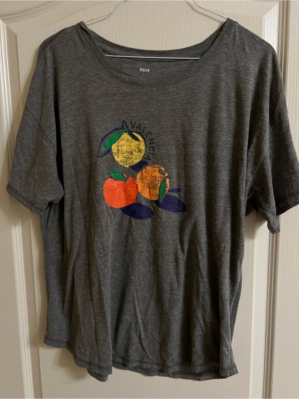 Anthropologie Dark Gray Short Sleeve Tee with Colorful Fruit Motif